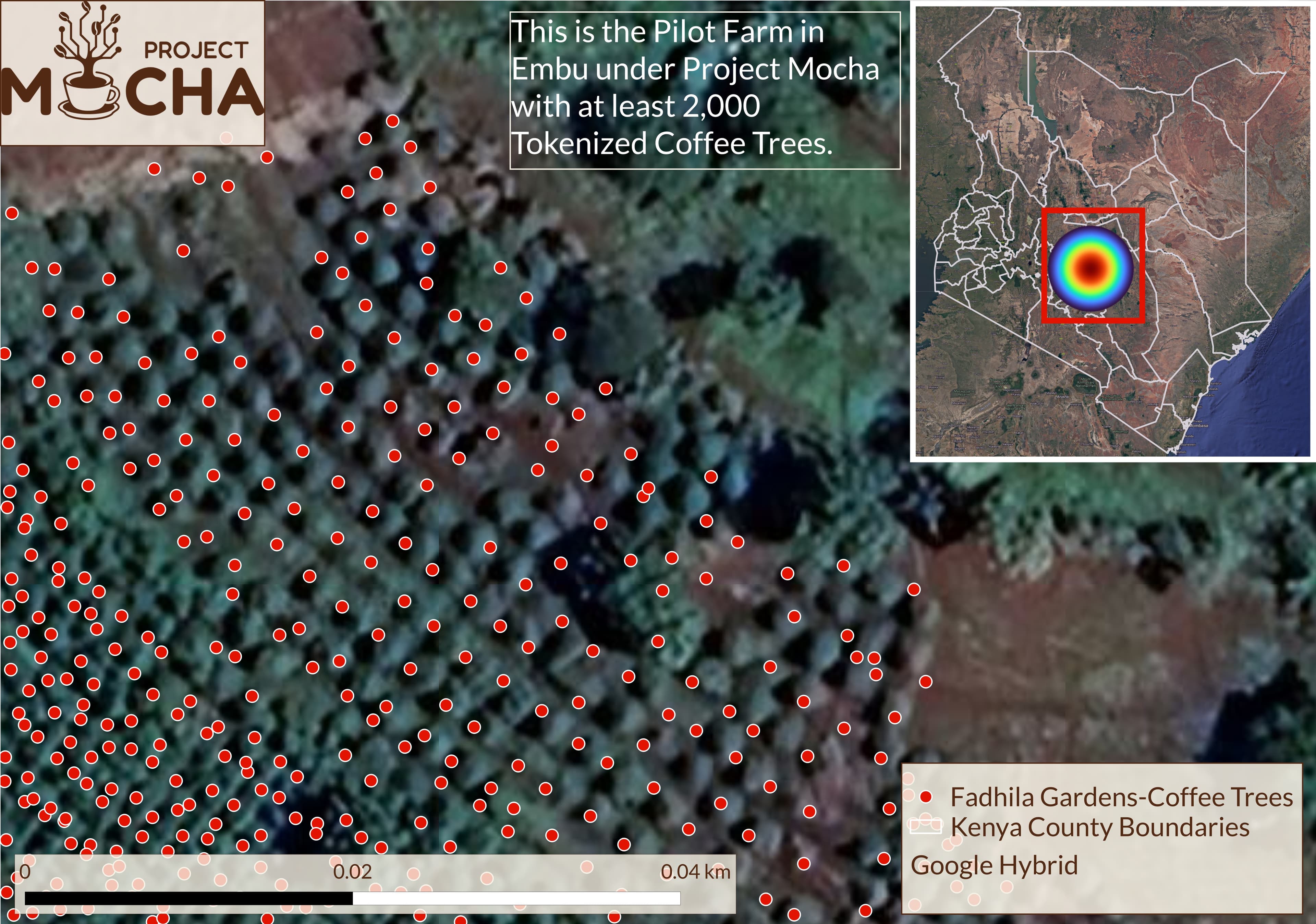 Aerial satellite view of Fadhila Gardens coffee farm in Embu, Kenya